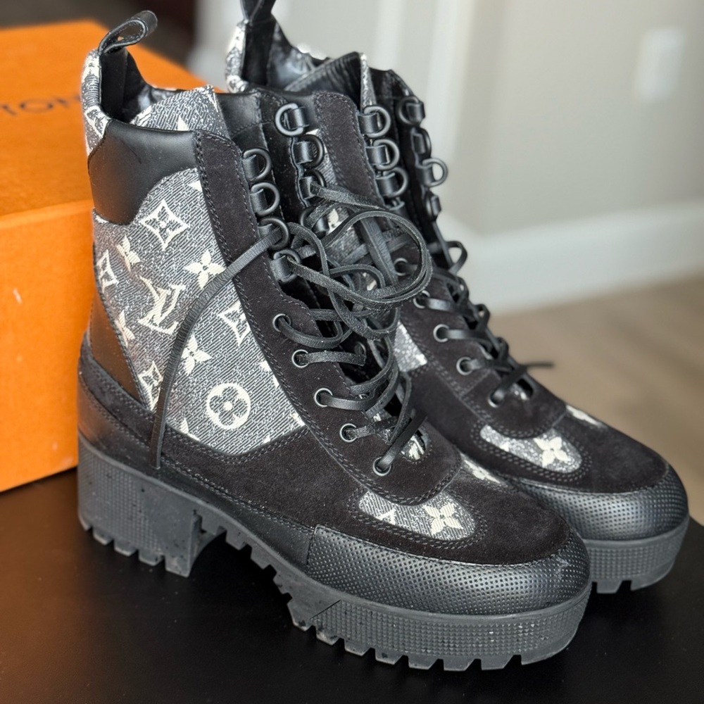 Louis Vuitton Monogram Black and  jacquard Gray Combat Boots